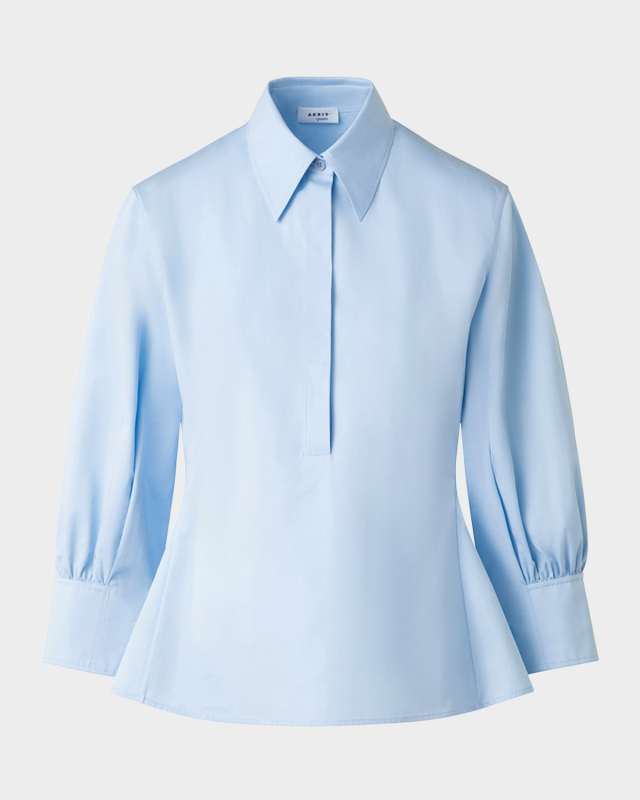 Balloon-Sleeve Button-Front Heavy Cotton Poplin Blouse